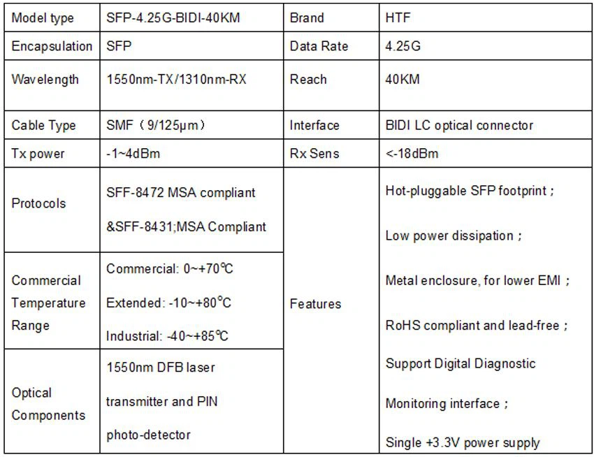4.25G Tx1550nmRx1310nm Bidirectioal 40km 